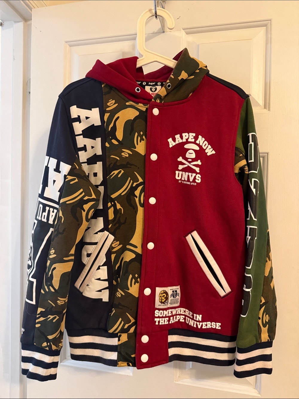 AAPE NOW UNVS BY *A BATHING APE, Varsity Jacket Hooded Sweatshirt, Medium